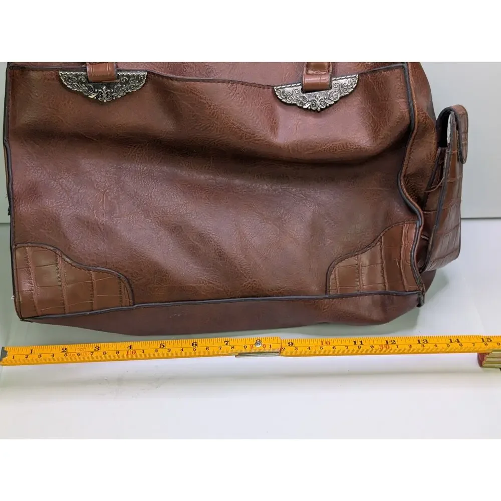Bueno Brown Faux Leather Satchel Handbag Braided Handles Western Croc Trim